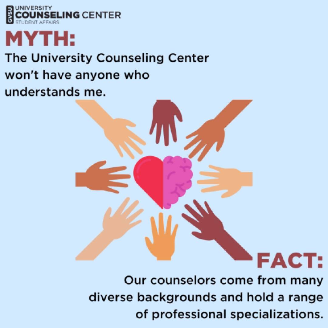 Graphic with "MYTH" and "FACT" sections. Eight diverse hands encircle a heart and brain, highlighting diversity and understanding. Tone is supportive.